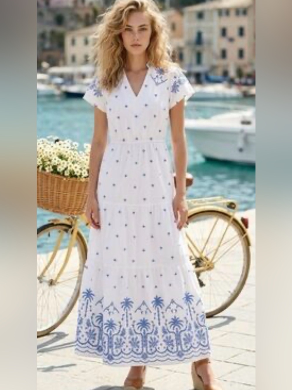CALYPSO ST BARTH BLUE AND WHITE EMBROIDERY V-NECK MAXI DRESS M NWT - Picture 1 of 15
